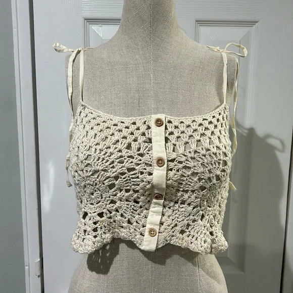 Zara Top Size Small Womens Cream Boho Crochet Cropped Festival Coastal Cotton - Picture 2 of 7